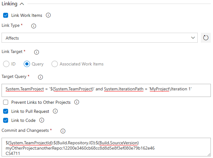 Work Item Linking Parameters